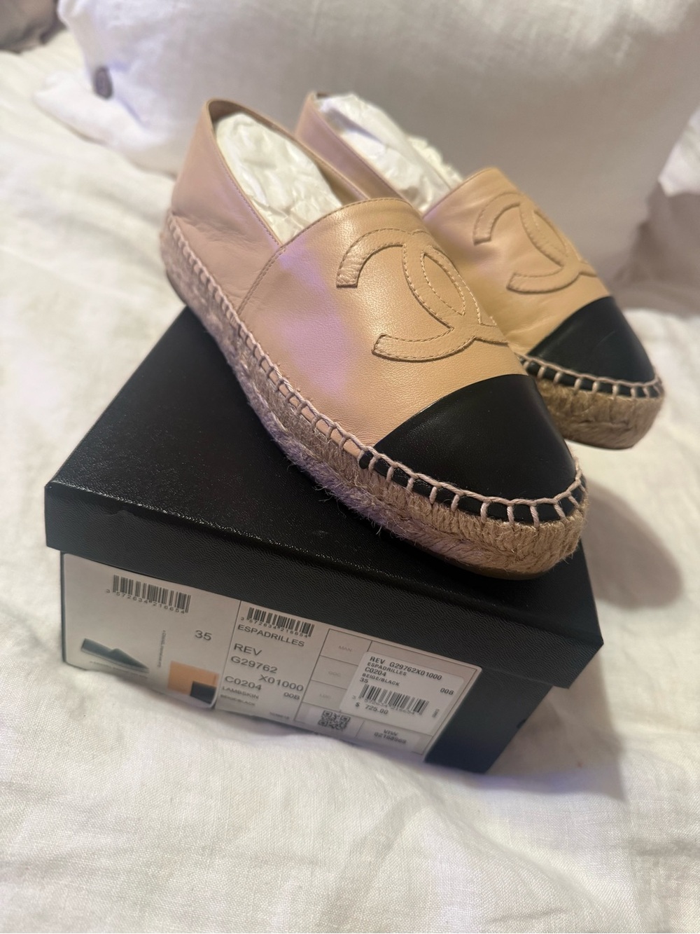 CHANEL Beige Leather Espadrille Flats with Black Cap Toe